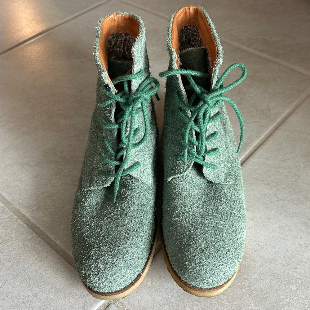 Green Suede Lace-Up Ankle Booties - Picture 2 of 8